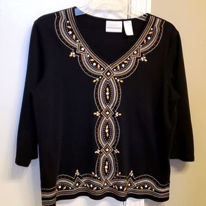 Alfred Dunner beaded peasant tunic black blouse Size Medium